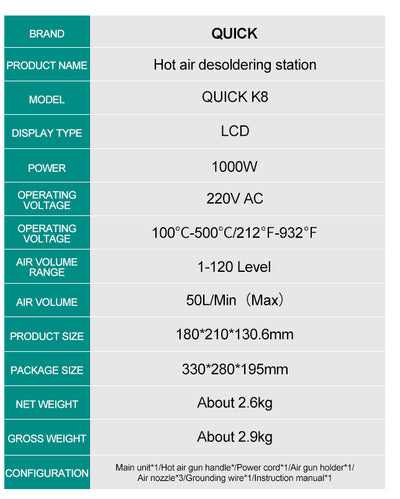 Quick K8 Lead-free hot air soldering station/110V/220V